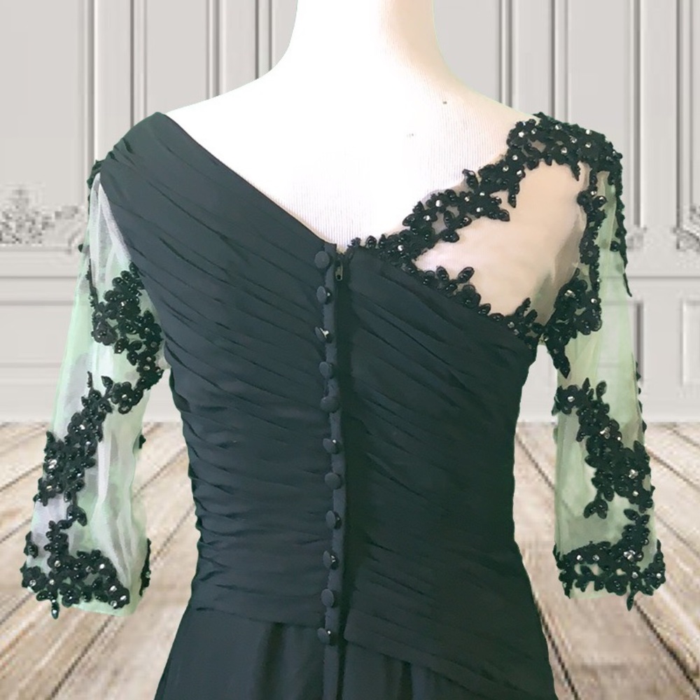 NWTs Adas Bridal Black 3/4 Sleeve Long Beaded Gown - Picture 6 of 9